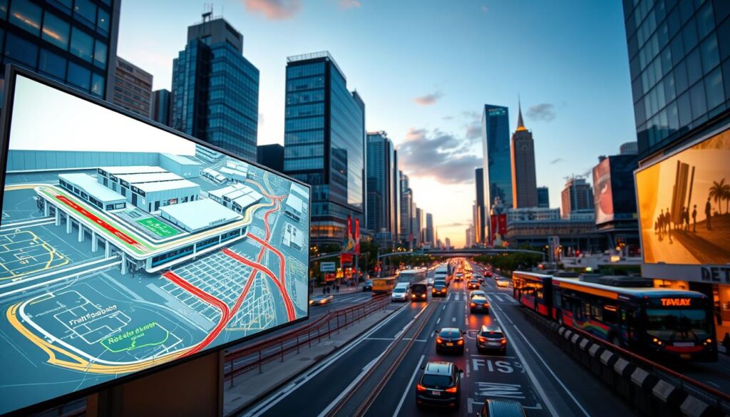 A bustling city street scene at dusk, with a focus on transportation planning using GIS technology. In the foreground, a detailed 3D model of a multi-modal transportation hub is displayed on a large digital screen, showcasing integrated rail, bus, and pedestrian networks. The middle ground features a traffic simulation overlaid on a detailed GIS map, with color-coded routes and real-time data feeds. In the background, skyscrapers and infrastructure are visible, bathed in warm, golden lighting that creates a sense of energy and progress. The overall atmosphere conveys the power of GIS to optimize transportation planning and improve urban mobility.