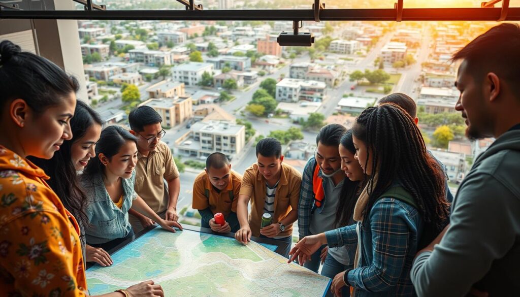 A bustling community hub, with a group of diverse individuals gathered around a large interactive GIS display. The foreground features a team of urban planners, community organizers, and local residents collaborating on a digital map, their faces illuminated by the warm glow of the screen. In the middle ground, a mobile workforce consisting of field technicians and data collectors integrate their findings onto the shared platform, seamlessly connecting the virtual and physical realms. The background depicts a vibrant neighborhood, with buildings, parks, and infrastructure rendered in vivid detail, showcasing the power of GIS to enhance community connections and mobilize a responsive, data-driven workforce.