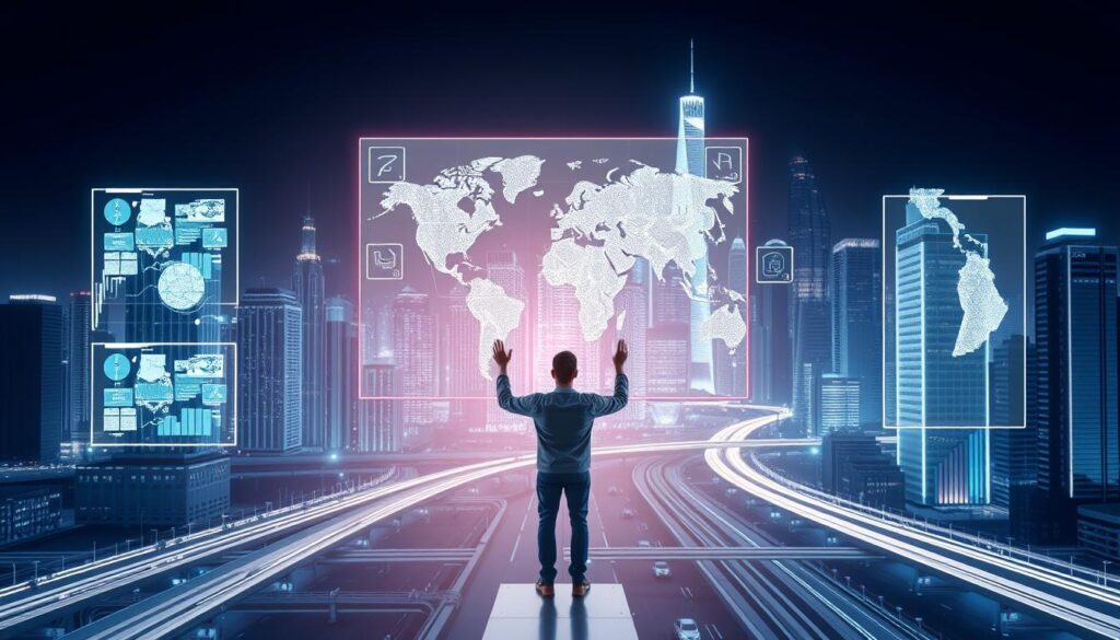 A detailed, high-resolution 3D render of a spatial analysis career impact scene. In the foreground, a person stands before a holographic display of geospatial data, hands raised in a gesture of understanding. The middle ground features various GIS tools and software interfaces, glowing with complex visualizations. The background depicts a cityscape with towering skyscrapers, highways, and infrastructure, all rendered in a clean, futuristic style with cool, blue-toned lighting. The scene conveys the power and transformative impact of spatial analysis in shaping modern urban environments and career opportunities.