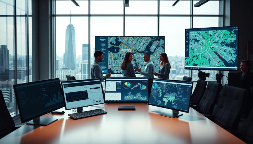 A modern office setting with floor-to-ceiling windows overlooking a bustling city skyline. In the foreground, a large, sleek desk displays various real estate-related software interfaces seamlessly integrated, with intuitive data visualizations and mapping tools. The middle ground features developers collaborating around a central touchscreen, animatedly discussing the optimization of the tech stack. In the background, a large wall-mounted display showcases a comprehensive real estate mapping solution, its colorful data points and overlays illuminating the complexities of the industry. Soft, indirect lighting casts a professional, productive atmosphere, while the overall composition conveys the synergy and efficiency of a cutting-edge real estate technology integration.