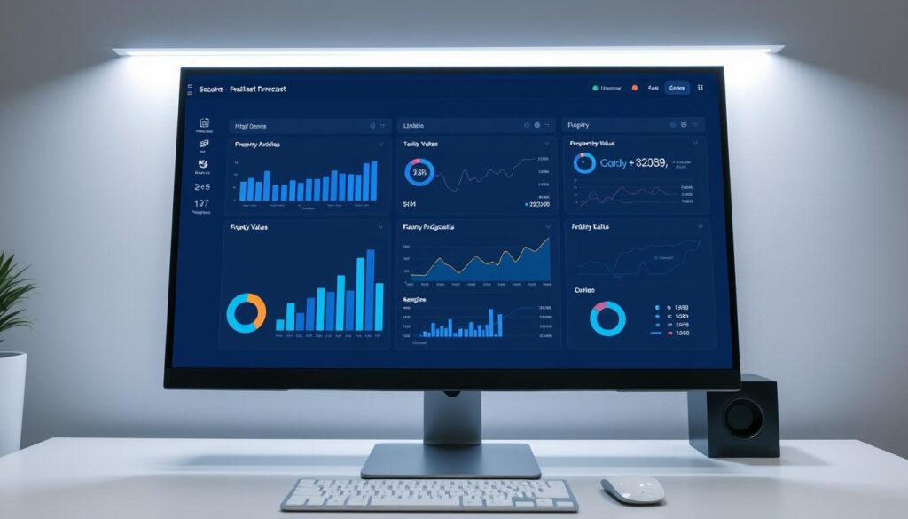 A modern, sleek real estate investment forecasting platform displayed on a high-resolution desktop monitor. The interface features various charts, graphs, and data visualizations, providing a comprehensive view of market trends, property values, and investment opportunities. The color scheme is dominated by shades of blue and gray, creating a professional and analytical atmosphere. The platform is positioned on a minimalist desk, with a subtle glow of indirect lighting illuminating the scene. The overall composition conveys a sense of precision, data-driven decision-making, and a forward-looking approach to real estate investment.