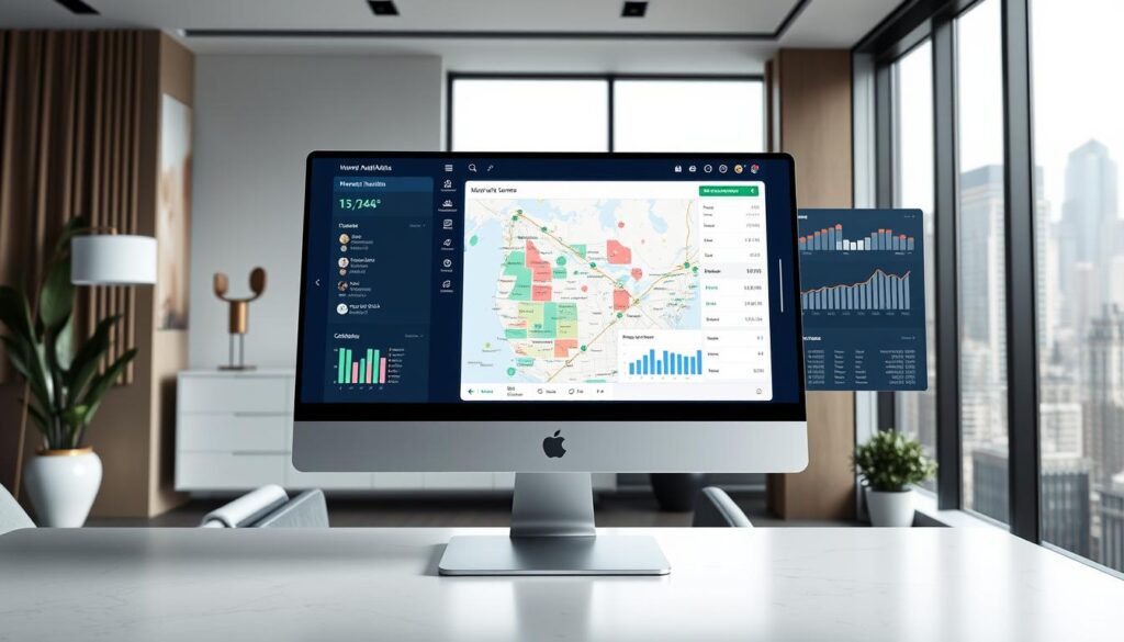 A modern, well-lit real estate market analytics platform displayed on a sleek desktop computer. The foreground features a large interactive map with color-coded regions, detailed property data overlays, and intuitive data visualization tools. The middle ground showcases a side panel with comprehensive market trend charts, filtering options, and collaboration features. The background sets a sophisticated tone with minimalist decor, neutral tones, and floor-to-ceiling windows overlooking a bustling cityscape. Crisp, high-resolution rendering with a professional, enterprise-grade aesthetic.