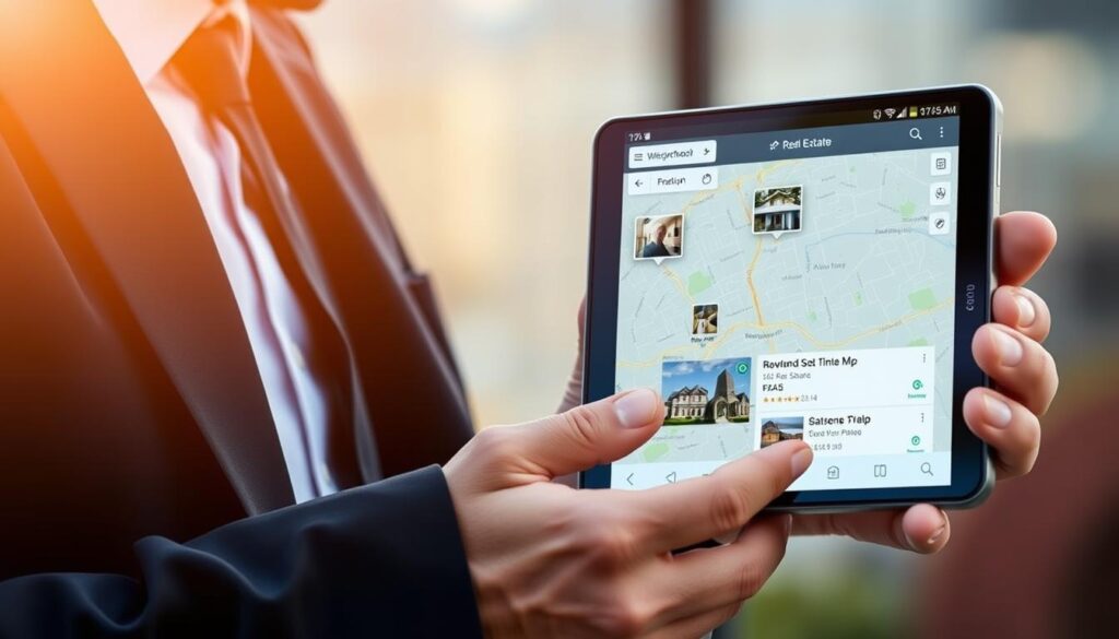 A sleek, high-tech mobile device with a large touchscreen display, displaying a detailed map of a neighborhood with real estate listings. The device is held in the hand of a professional real estate agent, who is examining the map and property details on the go. The agent is dressed in a sharp, modern business attire, conveying a sense of efficiency and expertise. The background is blurred, placing the focus on the device and the agent's hands, creating a sense of mobility and on-the-go productivity. The lighting is natural, with a warm, ambient glow, suggesting an outdoor setting. The overall tone is one of innovation, technology, and the seamless integration of real estate tools into the modern field agent's workflow.
